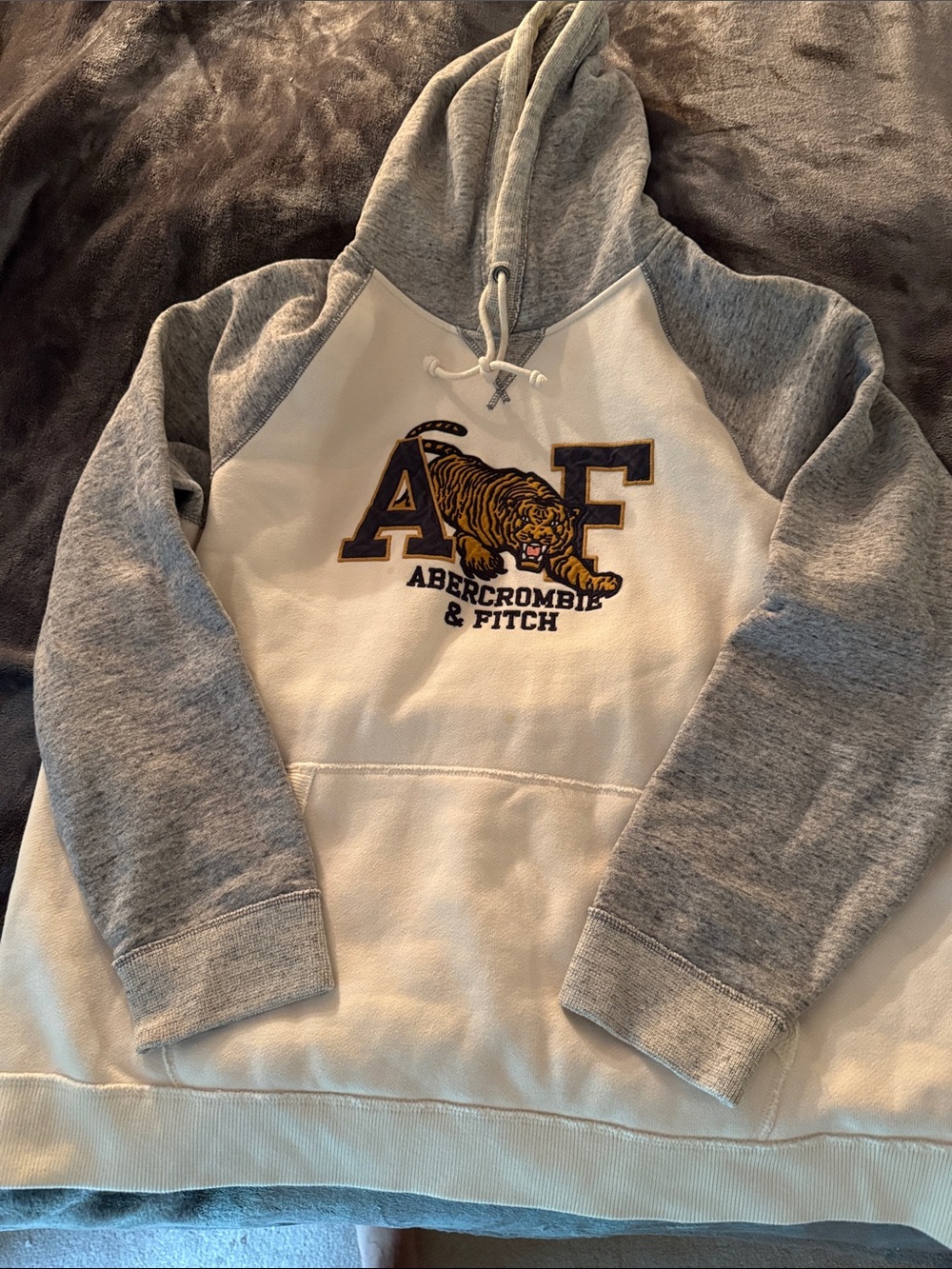 Abercrombie & Fitch Gray and White Raglan Tiger Logo Hoodie